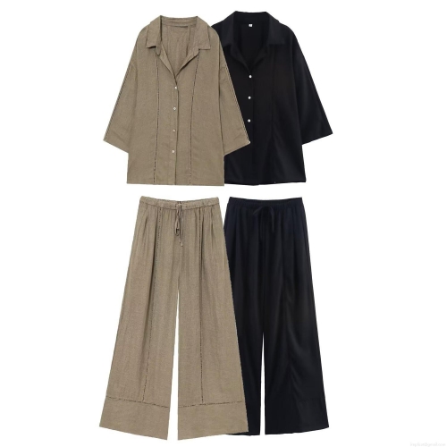 Women's Casual Linen Cotton Shirt And Wide Leg Pants Set V Neck Long Sleeve Blouse Drawstring Loose Trousers With Hollow Out Embroidery Detail For Summer Women