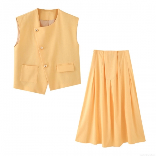 Women's Elegant Polyester Two Piece Skirt Set Sleeveless Vest With Irregular Metal Buckle And Mid-length Pleated A-line Skirt For Office Commute Summer Casual Outfit