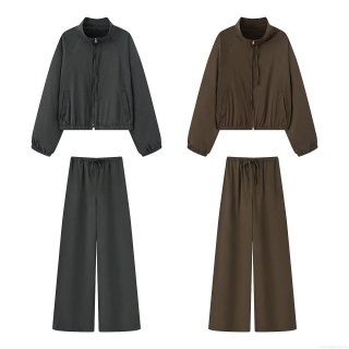 Women's Casual Two Piece Lounge Set Solid Color Stand Collar Zipper Jacket and Wide Leg Pants Drawstring Waist Sporty Tracksuit Outfits for Daily Wear