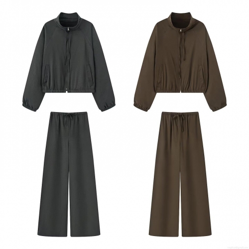 Women's Casual Two Piece Lounge Set Solid Color Stand Collar Zipper Jacket and Wide Leg Pants Drawstring Waist Sporty Tracksuit Outfits for Daily Wear