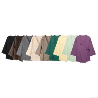 Women's Summer Kimono Wrap Top and Wide Leg Pants Two Piece Set 100% Polyester Linen Texture Casual Loose Solid Color Long Sleeve Jacket and Elastic Waist Trousers Lounge Wear