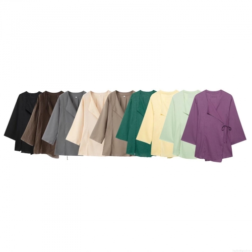 Women's Summer Kimono Wrap Top and Wide Leg Pants Two Piece Set 100% Polyester Linen Texture Casual Loose Solid Color Long Sleeve Jacket and Elastic Waist Trousers Lounge Wear