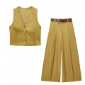 Women's Elegant Satin Velvet Two Piece Pants Set Sleeveless V-Neck Button Up Vest Top And High Waist Wide Leg Trousers With Belt Mustard Gold Chic Summer Outfits
