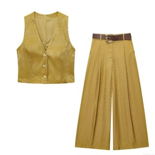 Women's Elegant Satin Velvet Two Piece Pants Set Sleeveless V-Neck Button Up Vest Top And High Waist Wide Leg Trousers With Belt Mustard Gold Chic Summer Outfits