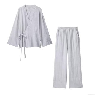 Women's Casual Kimono Style Loungewear Set 100% Polyester Cotton Linen Texture Tie Side Top and Elastic Waist Wide Leg Pants Two Piece Suit for Women