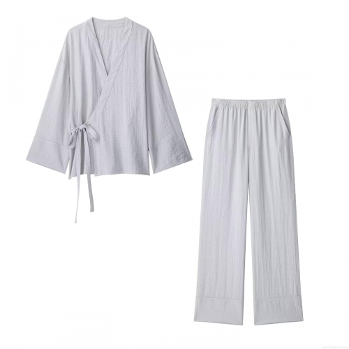 Women's Casual Kimono Style Loungewear Set 100% Polyester Cotton Linen Texture Tie Side Top and Elastic Waist Wide Leg Pants Two Piece Suit for Women