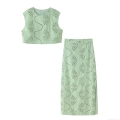 Women's 2-Piece Skirt Set Light Green Eyelet Embroidery Broderie Anglaise Crop Top and High Waist Midi Skirt Sweet Sleeveless Outfit for Summer Vacation Daily Wear