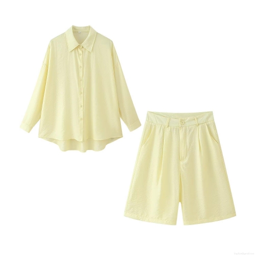 Women's Casual Two Piece Shorts Set Polyester Spandex Solid Color Long Sleeve Button Up Shirt And High Waist Pleated Shorts Outfit For Summer Autumn