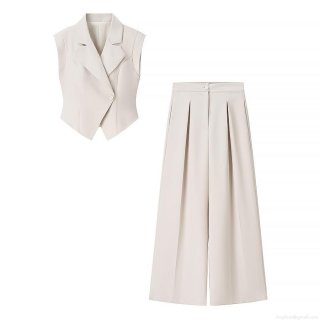 Women's 2-Piece Vest And Wide Leg Pants Set Polyester Spandex Sleeveless Lapel One Button Waistcoat Long Trousers Outfit Office Commute Minimalist Elegant Fashionable Set