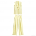 Women's Fashion 2 Piece Set 100% Polyester Sleeveless Double Breasted Vest And High Waist Wide Leg Pants Summer Casual Office Commute Suit
