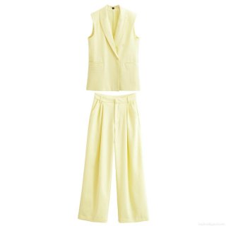 Women's Fashion 2 Piece Set 100% Polyester Sleeveless Double Breasted Vest And High Waist Wide Leg Pants Summer Casual Office Commute Suit