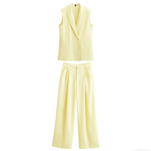 Women's Fashion 2 Piece Set 100% Polyester Sleeveless Double Breasted Vest And High Waist Wide Leg Pants Summer Casual Office Commute Suit