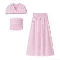 Women's Elegant 3-Piece Pink Clothing Set Satin Shawl With Rhinestone Bow Pleated Tube Top And High Waist Midi Skirt For Party Daily Wear