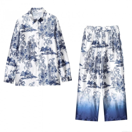 Women's Two-Piece Casual Set French Toile De Jouy Jungle Animal Print Long Sleeve Shirt And Wide Leg Pants Loose Satin Vacation Outfit For Women