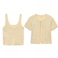 Women's Luxury Sequin Knit Two-Piece Set Elegant Short Sleeve Cardigan and U-Neck Camisole Champagne Gold Tweed Style Outfits Polyester Spandex Sparkly Knitwear