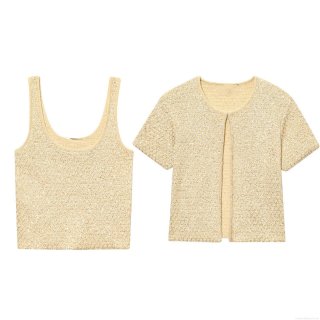 Women's Luxury Sequin Knit Two-Piece Set Elegant Short Sleeve Cardigan and U-Neck Camisole Champagne Gold Tweed Style Outfits Polyester Spandex Sparkly Knitwear