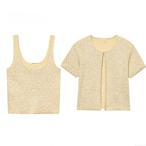 Women's Luxury Sequin Knit Two-Piece Set Elegant Short Sleeve Cardigan and U-Neck Camisole Champagne Gold Tweed Style Outfits Polyester Spandex Sparkly Knitwear