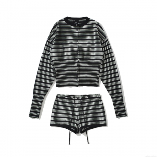 Women's 2 Piece Striped Knit Set Casual Long Sleeve Button Down Cardigan And Drawstring Shorts Loungewear Set Soft Polyester Summer Outfit For Women Casual Wear