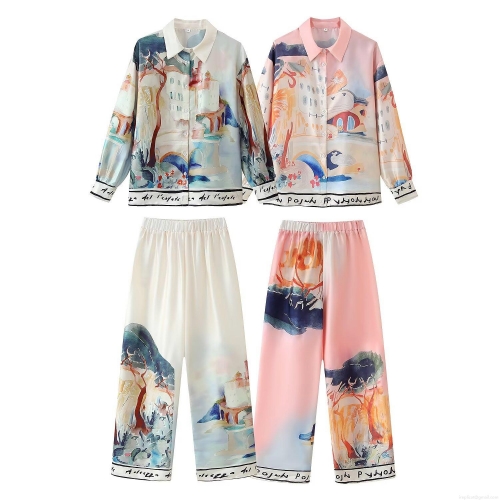 Women Artistic Landscape Print Satin Shirt And Wide Leg Pants Set Elegant Long Sleeve Lapel Blouse High Waist Trousers Two Piece Outfits For Vacation Casual Wear