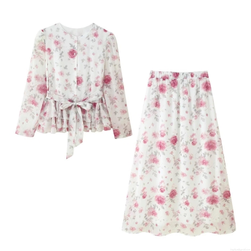 Women Elegant 2-Piece Skirt Set Rose Floral Print Chiffon Long Sleeve Blouse And High Waist A-Line Maxi Skirt Peplum Top Casual Summer Vacation Outfit