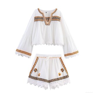 Women's Bohemian Embroidered Long Sleeve Shirt And Lace Trim Shorts Set White Cotton Blend Ethnic V Neck Blouse Casual Vacation Two Piece Suit