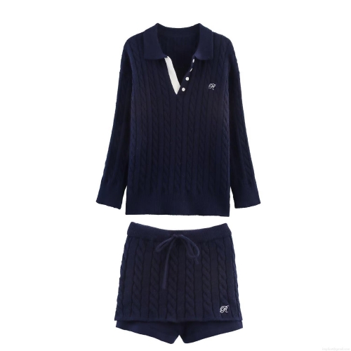 Women's Preppy Style Cable Knit Polyester Two Piece Set Long Sleeve Polo Collar Sweater and Drawstring Shorts Navy Blue Embroidered Letter Casual Autumn Outfits