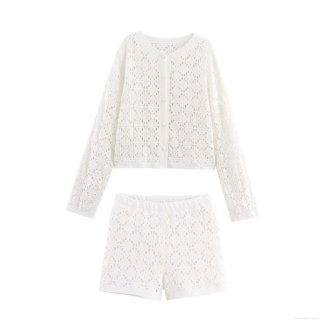 Women's 2-Piece Sweet Crochet Hollow Out Set Polyester Knit Long Sleeve Button Top and Shorts Bohemian Casual Vacation Outfit