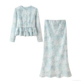 Women's Two Piece Skirt Set Floral Print Peplum Waist Long Sleeve Top And Elastic High Waist Long Skirt Elegant Chiffon Style Outfits For Women Casual Vacation Party Wear