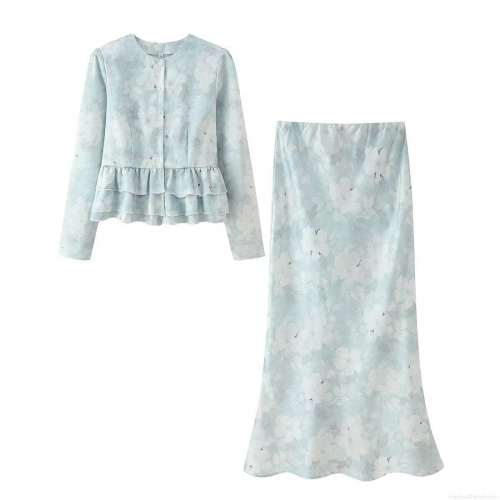 Women's Two Piece Skirt Set Floral Print Peplum Waist Long Sleeve Top And Elastic High Waist Long Skirt Elegant Chiffon Style Outfits For Women Casual Vacation Party Wear