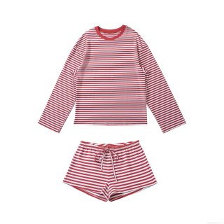 Women's Casual Striped Long Sleeve T-Shirt And Drawstring Shorts Two Piece Set Cotton Blend Comfortable Loungewear Home Wear