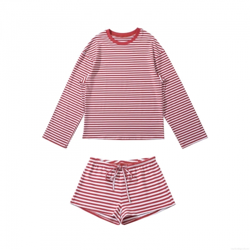 Women's Casual Striped Long Sleeve T-Shirt And Drawstring Shorts Two Piece Set Cotton Blend Comfortable Loungewear Home Wear