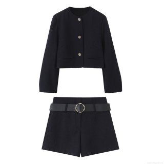 Women's Two Piece Set Casual Solid Color Short Blazer Jacket And High Waist Shorts With Belt Gold Buttons Autumn Fashion Office Lady Daily Wear Black Suit