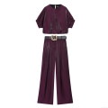 Women's Fashion Satin Metallic 2 Piece Set Short Sleeve Round Neck Balloon Top and High Waist Wide Leg Pants with Belt Casual Party Outfits