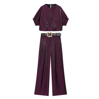 Women's Fashion Satin Metallic 2 Piece Set Short Sleeve Round Neck Balloon Top and High Waist Wide Leg Pants with Belt Casual Party Outfits