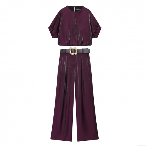 Women's Fashion Satin Metallic 2 Piece Set Short Sleeve Round Neck Balloon Top and High Waist Wide Leg Pants with Belt Casual Party Outfits