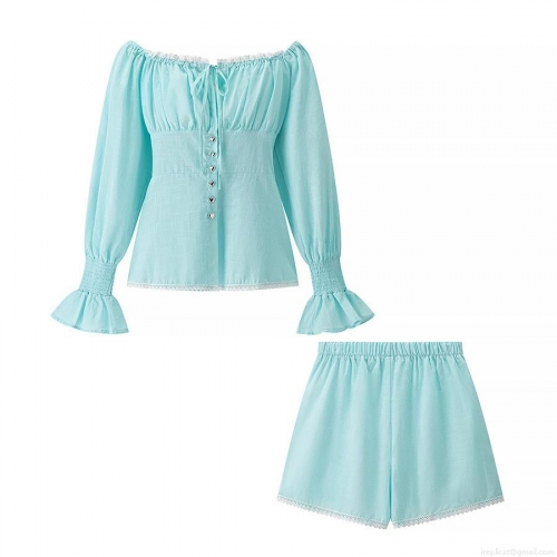 Women's Sweet Light Blue Two-Piece Set Off-Shoulder Puff Sleeve Top and Elastic Waist Shorts with White Lace Trim and Heart Buttons Casual Autumn Outfit