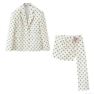 Women Fashion Polka Dot Blazer And Irregular Skirt Set Polyester Spandex Broad Shoulder Two Piece Suit With 3D Flower And Streamer For Office Lady Elegant Casual Autumn Outfits