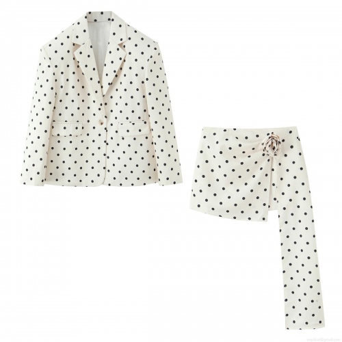 Women Fashion Polka Dot Blazer And Irregular Skirt Set Polyester Spandex Broad Shoulder Two Piece Suit With 3D Flower And Streamer For Office Lady Elegant Casual Autumn Outfits