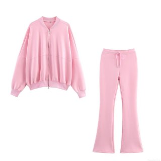 Women's Casual Two Piece Tracksuit Set 85% Cotton Loose Zip Up Stand Collar Jacket And High Waist Drawstring Flare Pants Loungewear Sporty Outfit