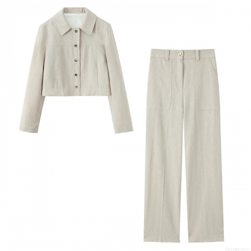 Women Casual Two Piece Set Oatmeal Short Lapel Jacket and High Waist Straight Wide Leg Pants Cotton Linen Texture Woven Suit for Daily Commuting Autumn