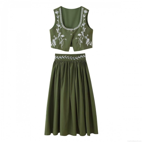 Women's 2-Piece Skirt Set Heavy Sequin Floral Embroidery Sleeveless Vest And High Waist Pleated Midi Skirt Retro Casual Suit For Vacation Party