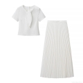 Elegant Women's White 2-Piece Skirt Set Polyester Spandex Short Sleeve Bow Tie Neck Top and High Waist Pleated Midi Skirt Casual Chic Office Outfit