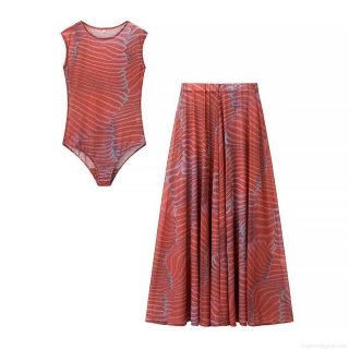 Women's 2 Piece Skirt Set Abstract Wavy Print Sleeveless Mesh Bodysuit and Pleated Midi Skirt Set Terra Cotta Casual Chic Fall Outfits for Women