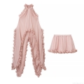 Sexy Halter Backless Ruffle Two Piece Set Women Chiffon Polyester Solid Color Mini Skirt and Romper Outfit for Vacation Party Clubwear Sweet Pink Sets