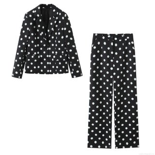 Women's Elegant Polka Dot Blazer Suit Set Polyester Spandex Notch Lapel Two Button Jacket High Waist Straight Leg Pants Office Work Casual 2 Piece Outfits