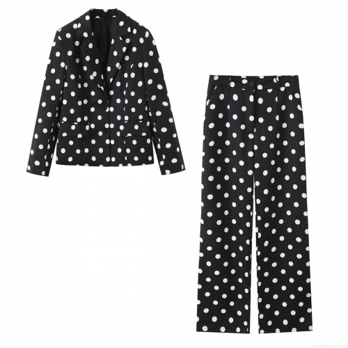 Women's Elegant Polka Dot Blazer Suit Set Polyester Spandex Notch Lapel Two Button Jacket High Waist Straight Leg Pants Office Work Casual 2 Piece Outfits