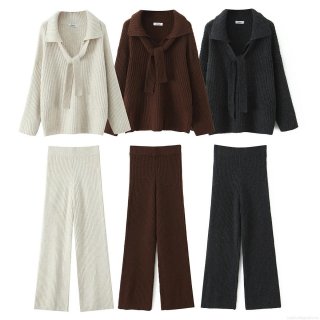 Women's Knit 2 Piece Sweater Set Ribbed Knit Acrylic Nylon Blend Loose V Neck Lace Up Long Sleeve Top Wide Leg Pants Casual Lounge Co-ord Set Streetwear