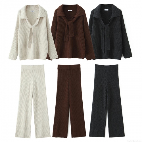 Women's Knit 2 Piece Sweater Set Ribbed Knit Acrylic Nylon Blend Loose V Neck Lace Up Long Sleeve Top Wide Leg Pants Casual Lounge Co-ord Set Streetwear