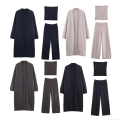Women's 3-Piece Knit Set Long Cardigan Open Front Top Tube Top And Wide Leg Pants Solid Color Casual Lazy Style Loungewear Autumn Winter Fashion Outfits