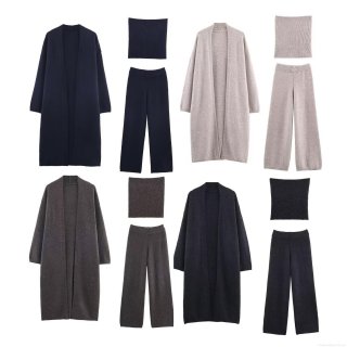 Women's 3-Piece Knit Set Long Cardigan Open Front Top Tube Top And Wide Leg Pants Solid Color Casual Lazy Style Loungewear Autumn Winter Fashion Outfits